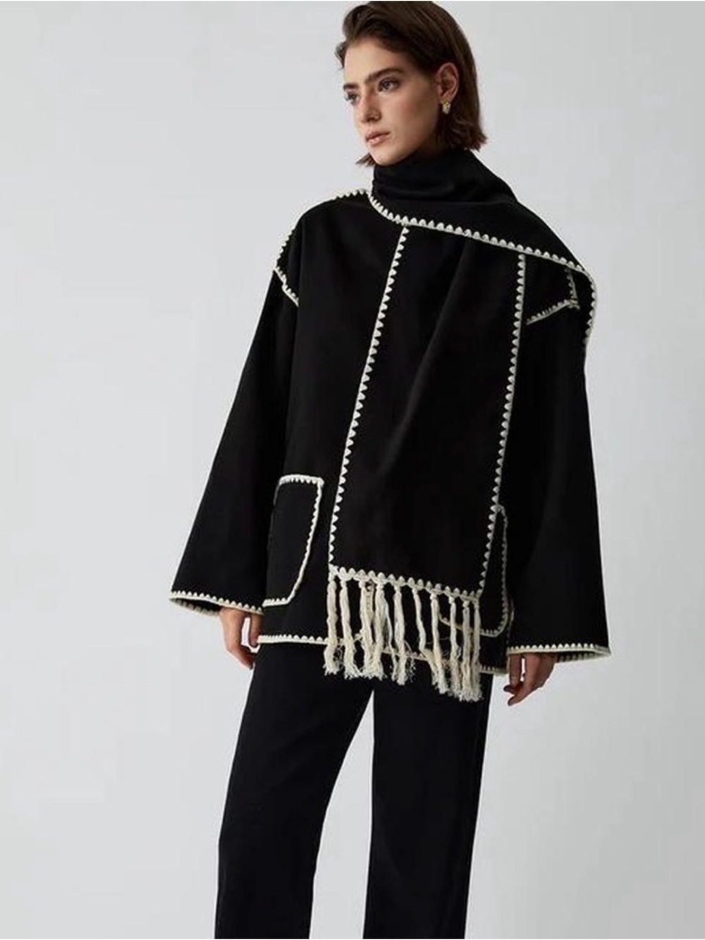 & Other Stories Black Cape Coat with Cream Trim and Fringe